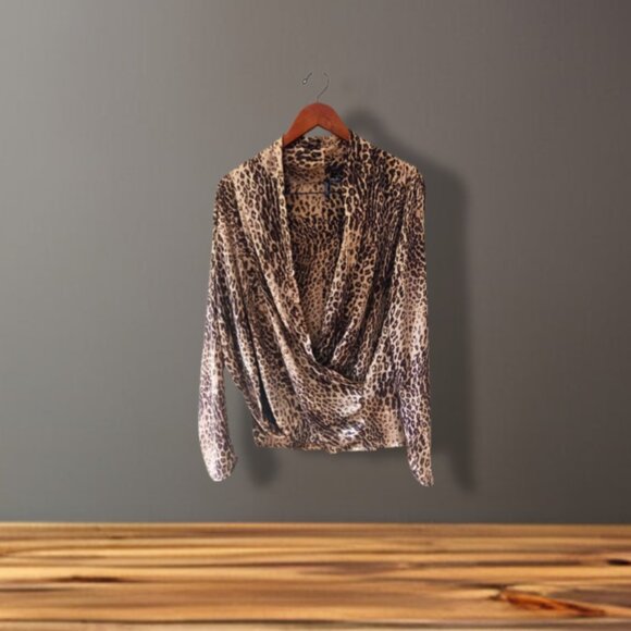 Essentials By Milano Leopard Print Draped Wrap Blouse Size L - Picture 1 of 7
